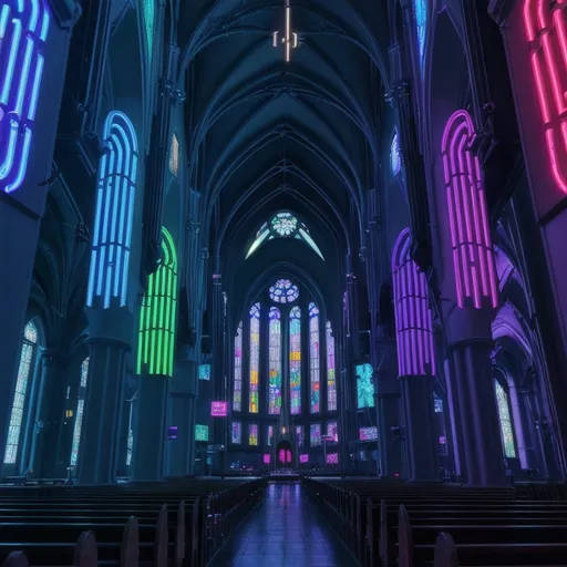 Prompt: a cyberpunk, futuristic cathedral with neon lights