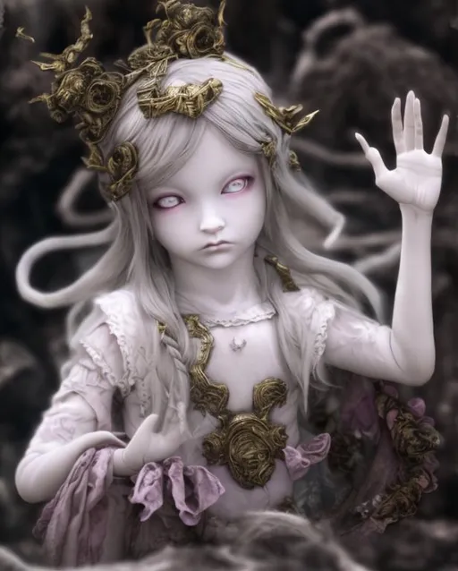 Prompt: The Forgotten Child, the doll-like Chaos Goddess of Repose, Memory, and Doom. 