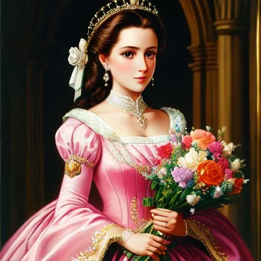 Prompt: a young woman wearing royal costume and holding flowers, soft pastel color, detailed, 8k