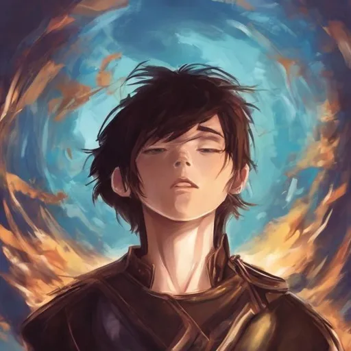 Prompt: anime style boy wearing a leather armour, looking up with a a scenario catching fire behind him