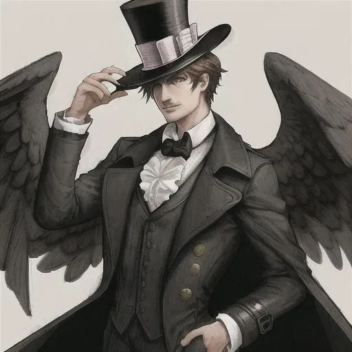 Prompt: Man with the head of a falcon with wings wearing a top hat and trench coat