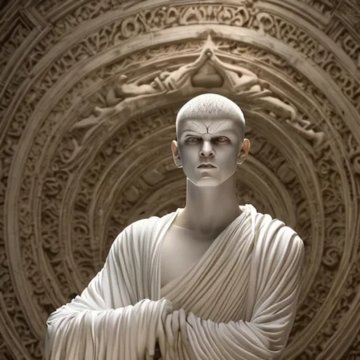 Prompt: yellow eyes
male tall stocky statue like
albino skin
buzzcut white  hair  
completely dressed in a white philosopher toga 