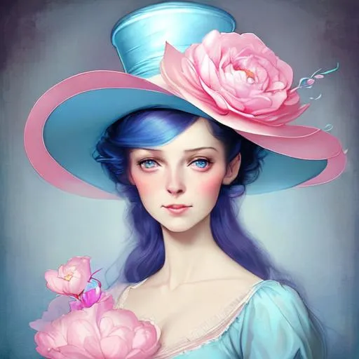 Prompt: Woman wearing light blue silk top hat.  Pink blossoms on light blue silk top hat. Gorgeous glowing beautiful charming cute, kind ghost woman portrait by Anna dittmann, gil elvgren , artgerm, catrin welz-stein, tom bagshaw, sachin teng, Viktoria Gavrilenko. Best quality 