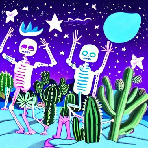 Prompt: Emma Atterbury psychedelic groovy style illustration. Three happy smiling skeletons dancing in the desert next to cactus plants. In the background there are canyons and stars in the sky. Only very light pastel colors. 