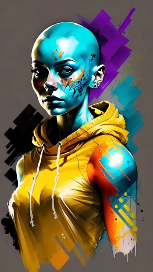 Prompt: Futuristic colorful concept art tattoos on beautifully perfect woman aged in her early 30’s