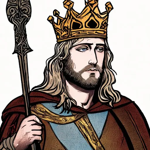 Prompt: king arthur standing with a crown on his head in color
