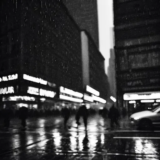 Prompt: A ultra detailed blurry photography of a man walking in the rainy streets of new york film noir style in black and white. 