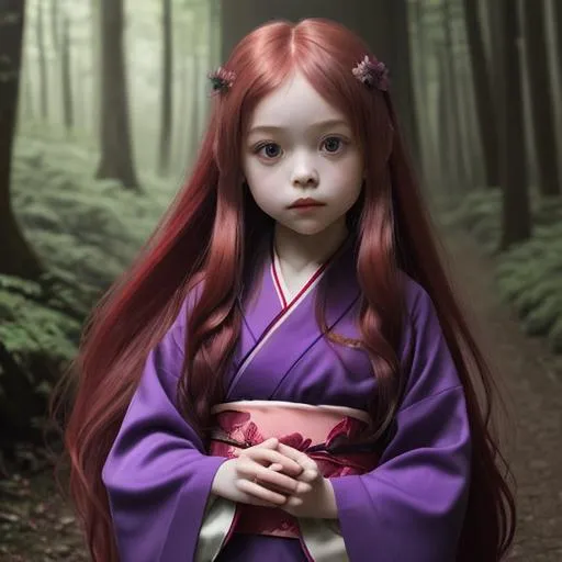 Prompt: little girl, red long hair, wearing a violet kimono. She walks in a forest