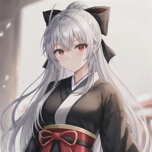 Prompt: Black bow, arrows, human, Taishō era, beautiful haori, Japanese styled outfit, silver hair, red eyes