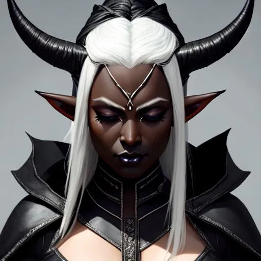 Prompt: Female elf with dark skin wearing black leather, angular face, closed eyes, dark skin, white hair, horns, perfect composition, hyperrealistic, super detailed, 8k, high quality, trending art, trending on artstation, sharp focus, studio photo, intricate details, highly detailed, by greg rutkowski