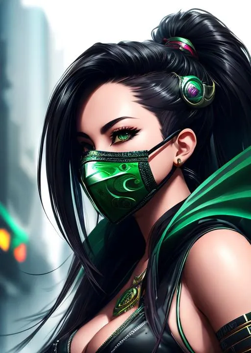 Prompt: splash art of Akali from League of Legends, wearing a mask, covered mouth, beautiful eyes, detailed face, highly detailed, delicate detailed, intricate detailed, HDR, UDR, 120k, cyberpunk style, hd octane render, high resolution scan, volumetric lighting, light reflection, sharp focus, realistic, Hyperrealism, black and green 