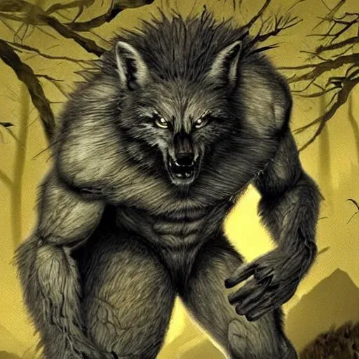 Prompt: Hyper realistic Bipedal Wolfman, or Werewolf, in forest, full moon, horror, terror, bodybuilding upper body Muscles , brown fur, with red eyes! Claws. 7 feet tall, and sinister, and battling Sasquatch! Vicious 