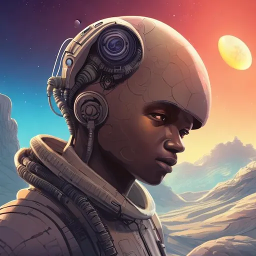 Prompt: create an illustration of a science fiction character that lives on another planet. hi-res. UHD, HDR. Fantasy colors. Black man, brown curl hair, some human like physical features.