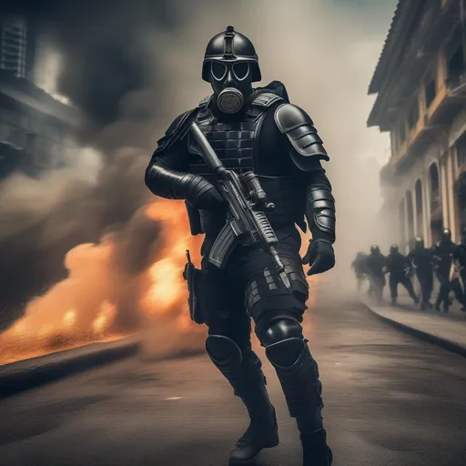 Prompt: a modern roman military male in black military roman armor, and gas mask, attacking Rio de Janeiro, Brazil, sharp focus, Professional, UHD, HDR, 8K, Render, electronic, dramatic, vivid, pressure, stress, traumatic, dark.