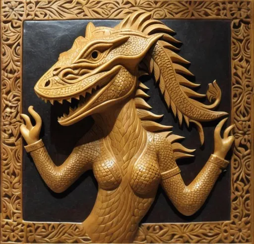 Prompt: An intricately-carved  carved leather bookcover about a cute female lizardman  