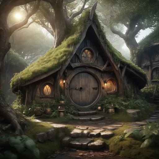 Prompt: Weathered, fantasy RPG style hobbit hut in forest, high res, eerie atmosphere, dark mood, after rain, detailed structure, detailed foliage, various trees, high quality, detailed, RPG, fantasy, weathered, atmospheric lighting, dense foliage, diverse trees, rustic, natural tones