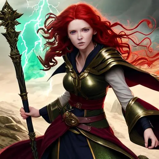 Prompt: A battlescene with a female mage wearing a mage robe and with wavy red hair and green eyes, has photorealistic face, holds a staff, is high quality, fantasy, has a background with a storm and lighting, is full body