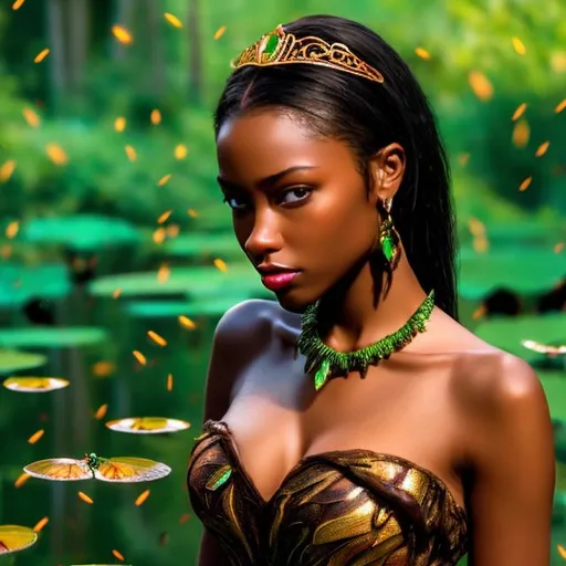 Prompt: professional modeling photo Tiana as live action human woman hd hyper realistic beautiful black woman brown hair brown skin brown eyes beautiful face green gown and jewelry and tiara enchanting bayou hd background with live action realistic Louisiana swamp with fireflies and lilypads and frogs