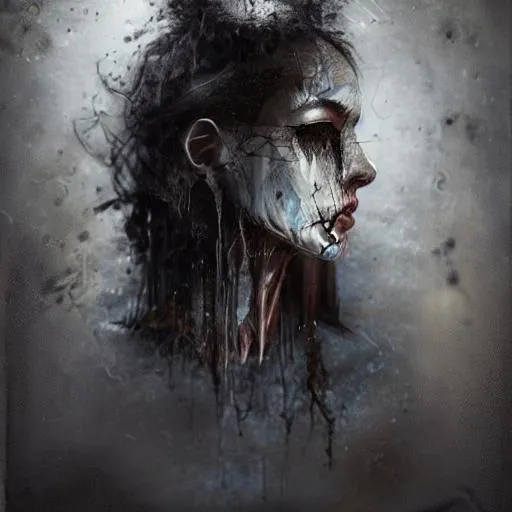 Prompt: diffused reflection of face obscured in dark tattered layered fabrics walking closer to the viewer | HDR photograph, mixed media, accurate anatomy, sharp focus, fading foreground | artgerm, wlop, cgsociety, r/art, pixiv, horror, mysterious, ominous, dark fantasy, ultra-fine details, masterpiece