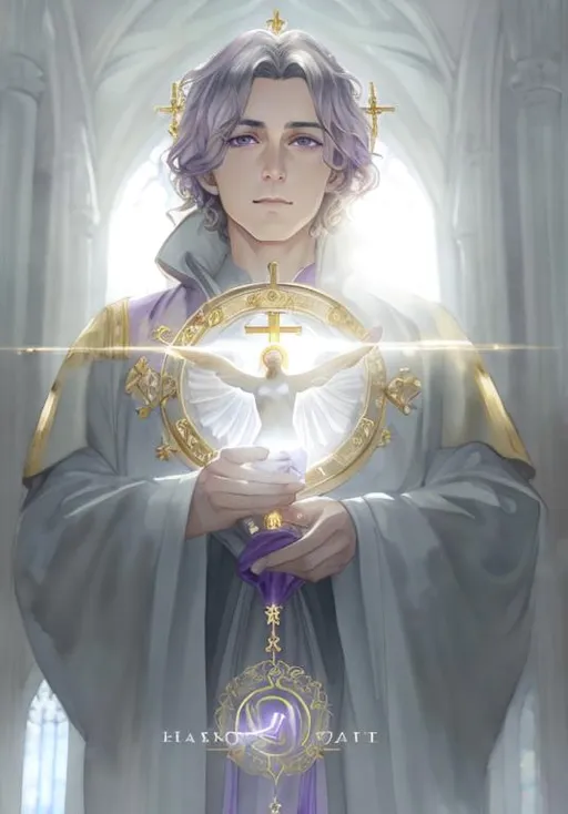 Prompt: beautiful soft watercolor illustration of a man with short wavy gray hair and purple eyes, clutching a golden cross. ornate golden picture frame, holy halo, church, highly detailed, hyper realistic, digital art, deviantart, artstation, blur, flare.