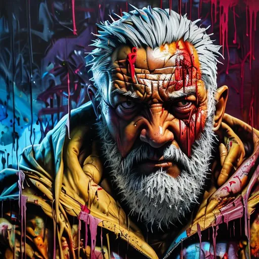 Prompt: old man logan, alex ross, graffiti art, splash art, street art, spray paint, oil gouache melting, acrylic, high contrast, colorful polychromatic, ultra detailed, ultra quality, CGSociety, depth of field, 3d render, unreal engine 5