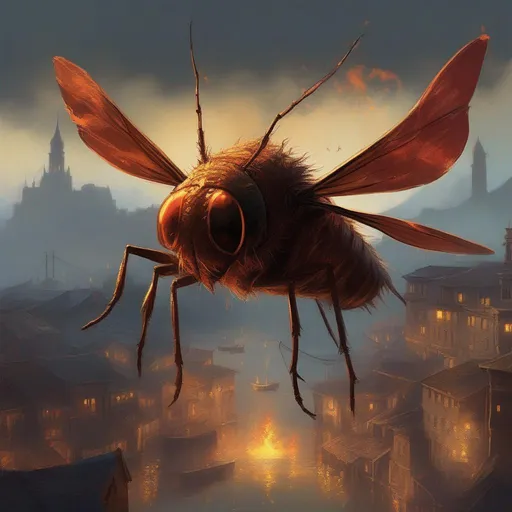 Prompt: Yoltoor Dovah-Fly, Shimmering like fire, these dovah-flies dart around port cities, eating many of the nuisance insects that pester transported livestock. Recently, merchants started training and selling them to help others with insect issues., dripping with fire, Masterpiece, best quality, in dripping art style