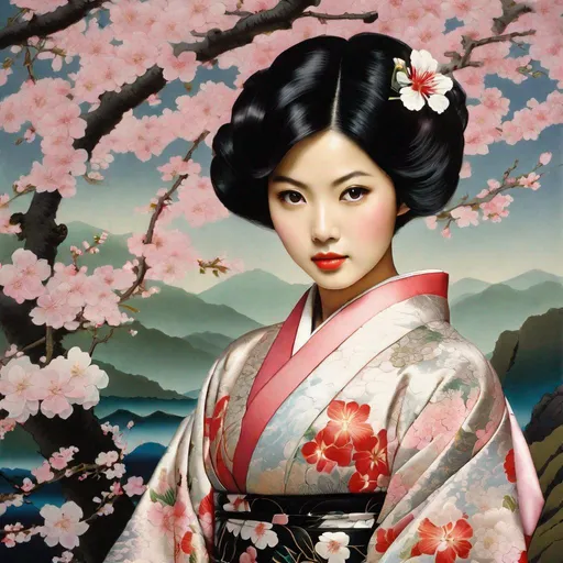 Prompt: RAW photo, pretty young Indonesian woman, 25 year old, (round face, high cheekbones, almond-shaped brown eyes, epicanthic fold, small delicate nose, short black hair), ample chest showing skin revealing skintight detailed flower patterned kimono with décolletage by Hirohiko Araki, ((backdrop cherry blossoms)), masterpiece, intricate detail, hyper-realistic, photorealism, hyper detailed texturing, high resolution, best quality, UHD, HDR, 8K, award-winning photograph, octane render