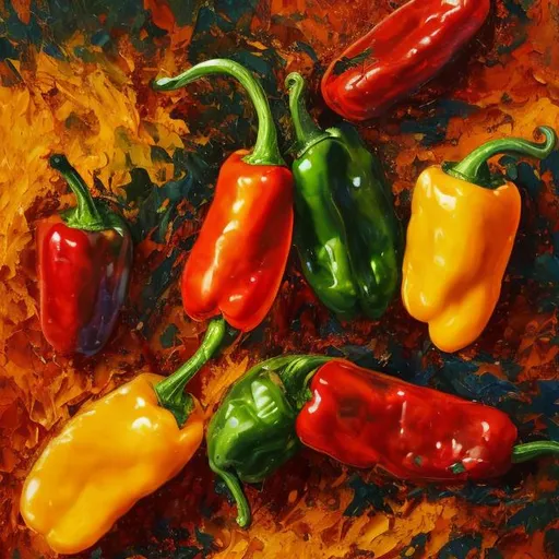 Prompt: Peppers on fire, abstract thick impasto oils, colorful, highly detailed, intricate, UHD, HDR, symmetric, coherent, epic detail, stunning, beautiful