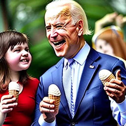 Prompt: ice cream cones, eating ice cream, joe biden, children