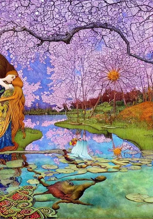 Prompt: magical river that takes you to wonderland in the style of Esao Andrews, Ivan Bilibin, Catrin Welz-Stein, Daniel Merriam, Jacek Yerka, Megan duncanson, Michelangelo. Reflective light. Dreamy. highly detailed, extremely detailed, intricate, very attractive, high detail, wallpaper, award winning, fantastic view, high definition, crisp quality, colourful, hdr, VRay