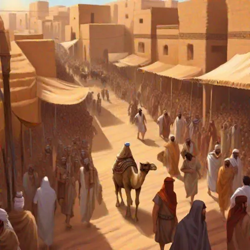 Prompt: n ancient sumerian street. Busy, many people are walking toward us. there are many stands. a camel is in the middle of the crowd. 2d art. Rpg art. 2d.