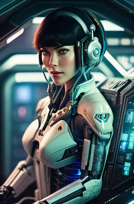 Prompt: a cyborg in a spaceship cockpit , ghost in the shell, high details, realistic, professionally colour graded, photorealism, 8k, pixiv, tumblr, instagram, deviantart, art by sakimi chan