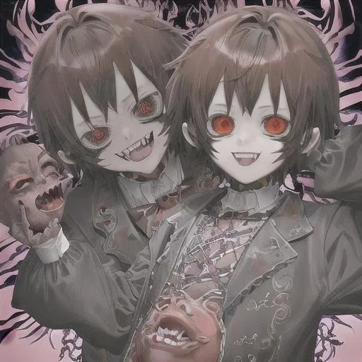 Prompt: insane, cute anime boy, brown hair, smiling, trippy background, demon behind, zoomed out, fangs, aesthetic mask, scars, no horns, hands on face 