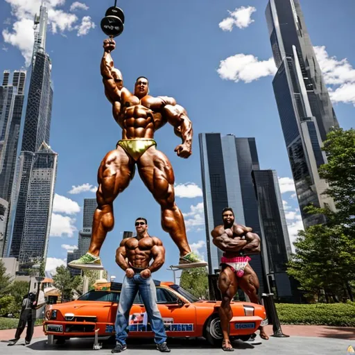 Prompt: A 30-foot-tall bodybuilder and his six-foot-tall model friends 