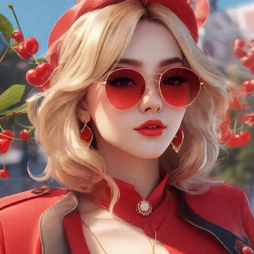 Prompt: 3d anime woman blonde hair, red outfit, vintage americana, aesthetic, cherry earrings, sunglasses, 18 years old, and beautiful pretty art 4k full raw HD