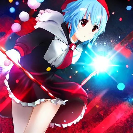 Anime girl with blue hair and a red scarf skateboarding