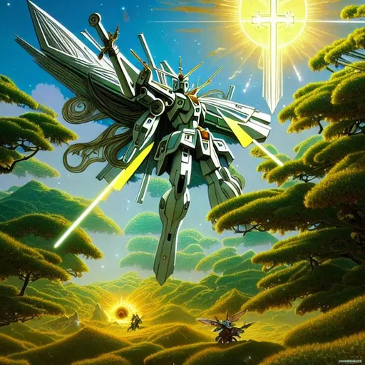 Prompt: rhads, beeple, alphonse mucha, clever global illumination, highly detailed and intricate environment, explosion of crystals and earth apocalypse, symmetric cross, highly detailed godly gundam with supreme sword and pegasus in the back beaming enemy, big cross symbol, luscious green forest ,  CHURCH background crystals, madhouse studio.