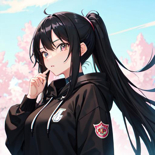 Black long hair anime high school cool girl with bla