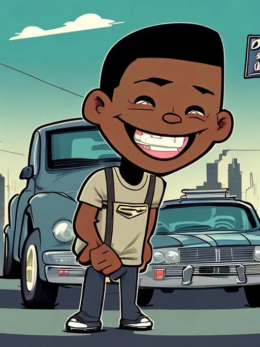 Prompt: a cartoon of a black american with low cut hair style , behind him two cars,with a smile on his face , with a gun on the floor and the bag full of money,