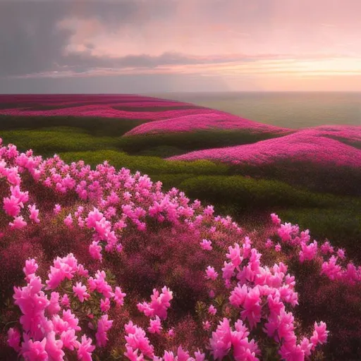 Prompt: a hyper detailed  pastel painting of a field of azalea in a horizon view
