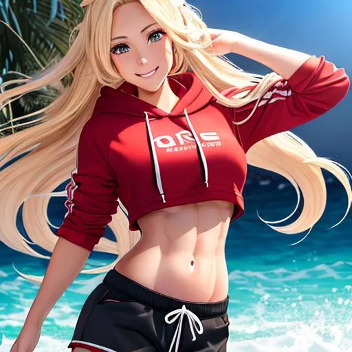 Prompt: extremely realistic, hyperdetailed, extremely long blonde wavy hair anime girl, deep red blush, smiling happily, wears cropped hoodie, wears dolphins shorts, toned body, showing abs midriff, highly detailed face, highly detailed eyes, full body, whole body visible, full character visible, soft lighting, high definition, ultra realistic, 2D drawing, 8K, digital art