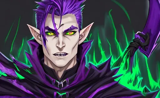 Prompt: handsome man, monster, demon, fire, purple, neon green, black, vampire teeth, vampire, elf, magic, green eyes, strong and body, neon green and purple hair, hood, monster wings, king, qui, aura, powerful, cape, scythe, sword, goat, vampire teeth, red eyes