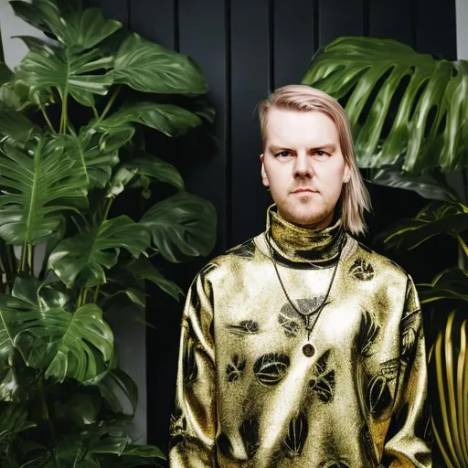 Prompt: Norwegian DJ in a black turtle neck and gold necklace. Danish modern house with tropical plants.