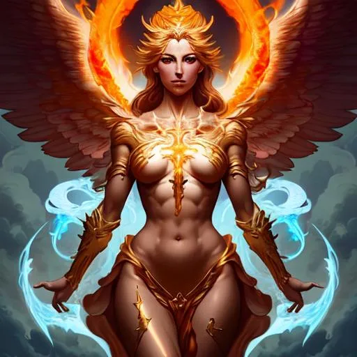 Prompt: EMANATION, ARCHANGEL OF FIRE, perfect body, perfect face, detailed body, detailed face, holy radiance, photo-realistic, wide angel view, in the style of Peter Mohrbacher.