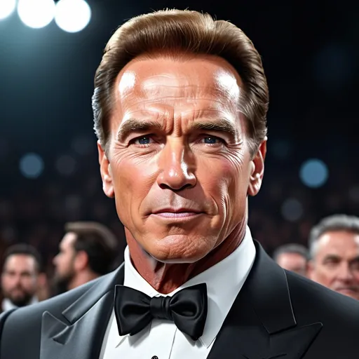 Prompt: Waist high Portrait of a handsome Arnold Schwarzenegger in tuxedo, super realistic natural look, photographic shot, Oscar event  perfect detailed current age face, solid dark background, detailed symmetric eyes with circular iris, realistic, stunning realistic photograph, 3d render, octane render, intricately detailed, cinematic, trending on art station, Isometric, Centered hyper realistic cover photo, awesome full color, gritty, Klimt, high definition, cinematic, neoprene, portrait featured on unsplashed, stylized digital art, smooth, ultra high definition, 8k, unreal engine 5, ultra sharp focus, intricate artwork masterpiece, ominous, epic, trending on art station, highly detailed, vibrant, ultra-realistic, concept art, elegant, highly detailed, intricate, sharp focus, depth of field, f/1.8, 85mm, medium shot, mid shot, (((professionally color graded))), bright soft diffused light, (volumetric fog), trending on Instagram, hdr 4k, 8k