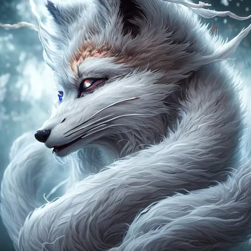 Prompt: Uhd, Hyperrealistic, detailed kitsune partially shrouded in shadow, peers sweetly with vivid blue glowing eyes, silky white fur, long white flowing hair, sharp long nails in traditional geisha garb