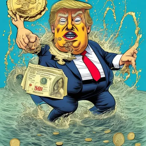 Prompt: Swirling the drain, Obese, Trump swimming in gold coins and green dollar notes, too long red tie, navy blue suit, Dagobert Duck Safe scene,  Sergio Aragonés MAD Magazine style 