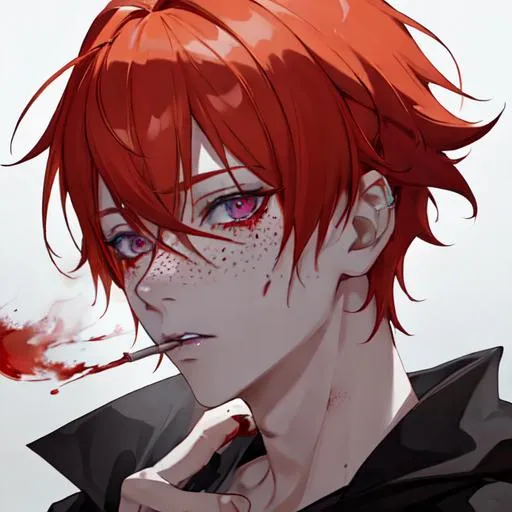 Prompt: Erikku male adult (short ginger hair, freckles, right eye blue left eye purple)  UHD, 8K, insane detail anime style, covered in blood, psychotic, covering his face with his hands, face covered in blood and cuts, blood highly detailed, lighting a cigarette, side profile