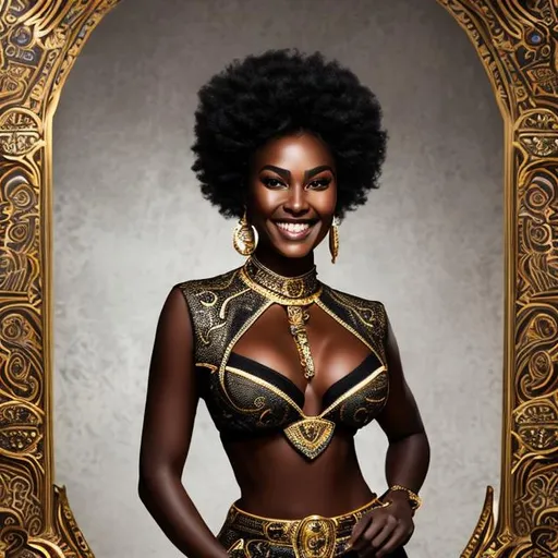 Prompt: dark skin woman in Versace outfit. Symmetrical face and eyes, dreamy eyes. Laughing and happy. 1080p