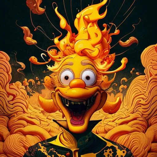 Prompt: "Goofy Mc Cheese on fire", hyperdetailed :: by Victo Ngai, Alejandro Burdisio, Alberto Seveso, Joe Fenton :: beautiful hyper-detailed artwork, deep warm and cool yellow colors, black background, clean line, burning background